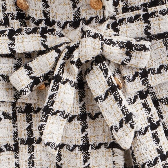 Multicolor Elegant Women's Plaid Pattern Raw Trim Belted Tweed Vest Overcoat - Picture 3 of 4